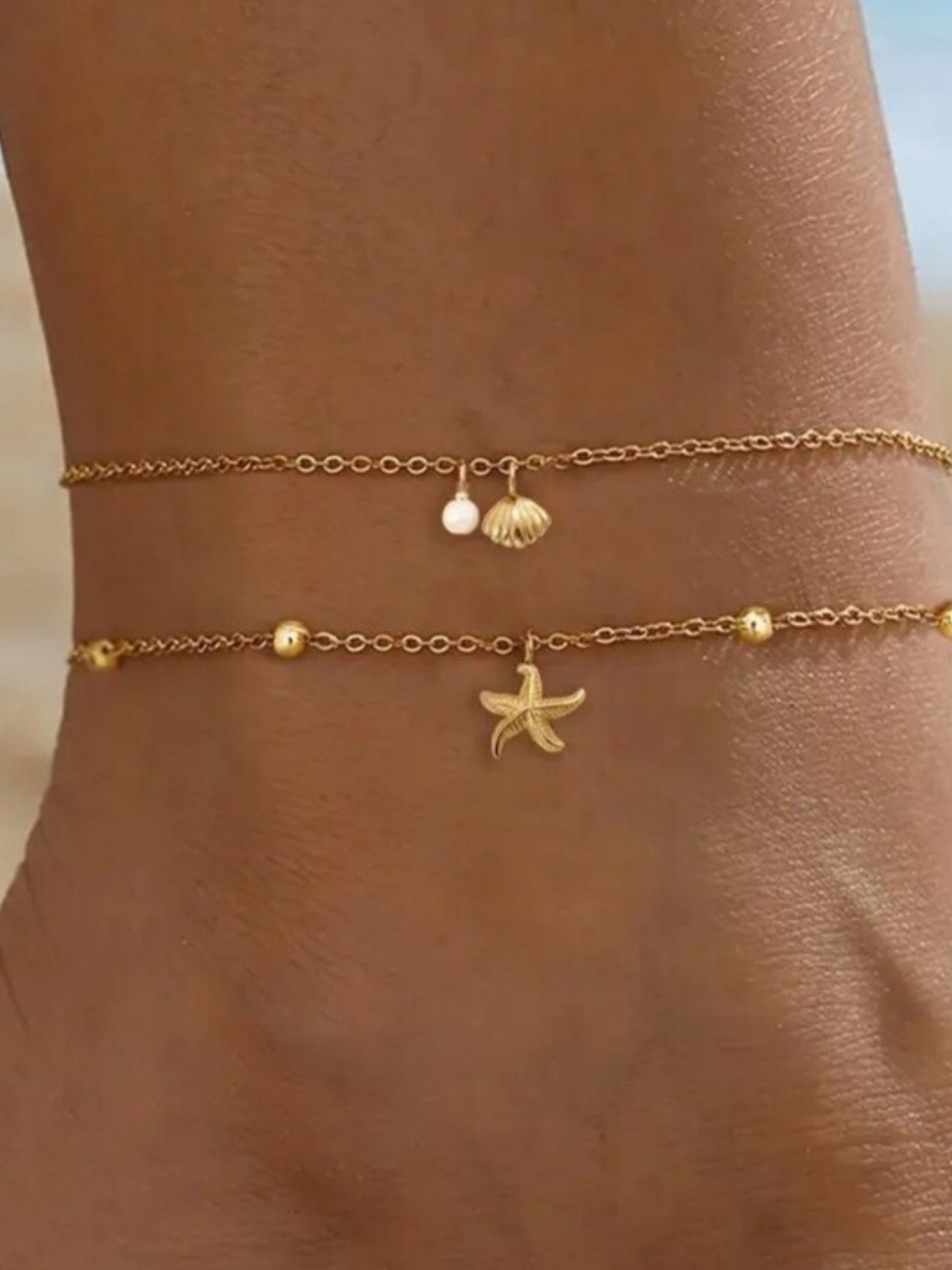 Gold Seashell & Starfish Double Anklet Stainless Steel